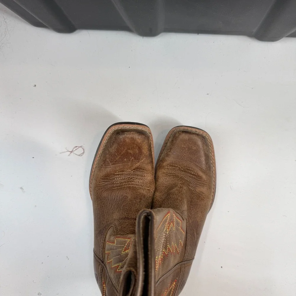 Ariat Western Boots Brown Leather Square Toe Embroidered Kids Size 1 10053623